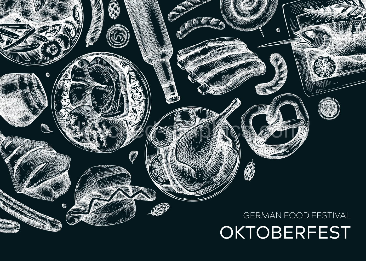 German food background on chalkboard. Oktoberfest menu design. Vector meat dishes sketches. German cuisine banner in vintage style. Traditional Food festival illustration. Beer hand drawing Illustration